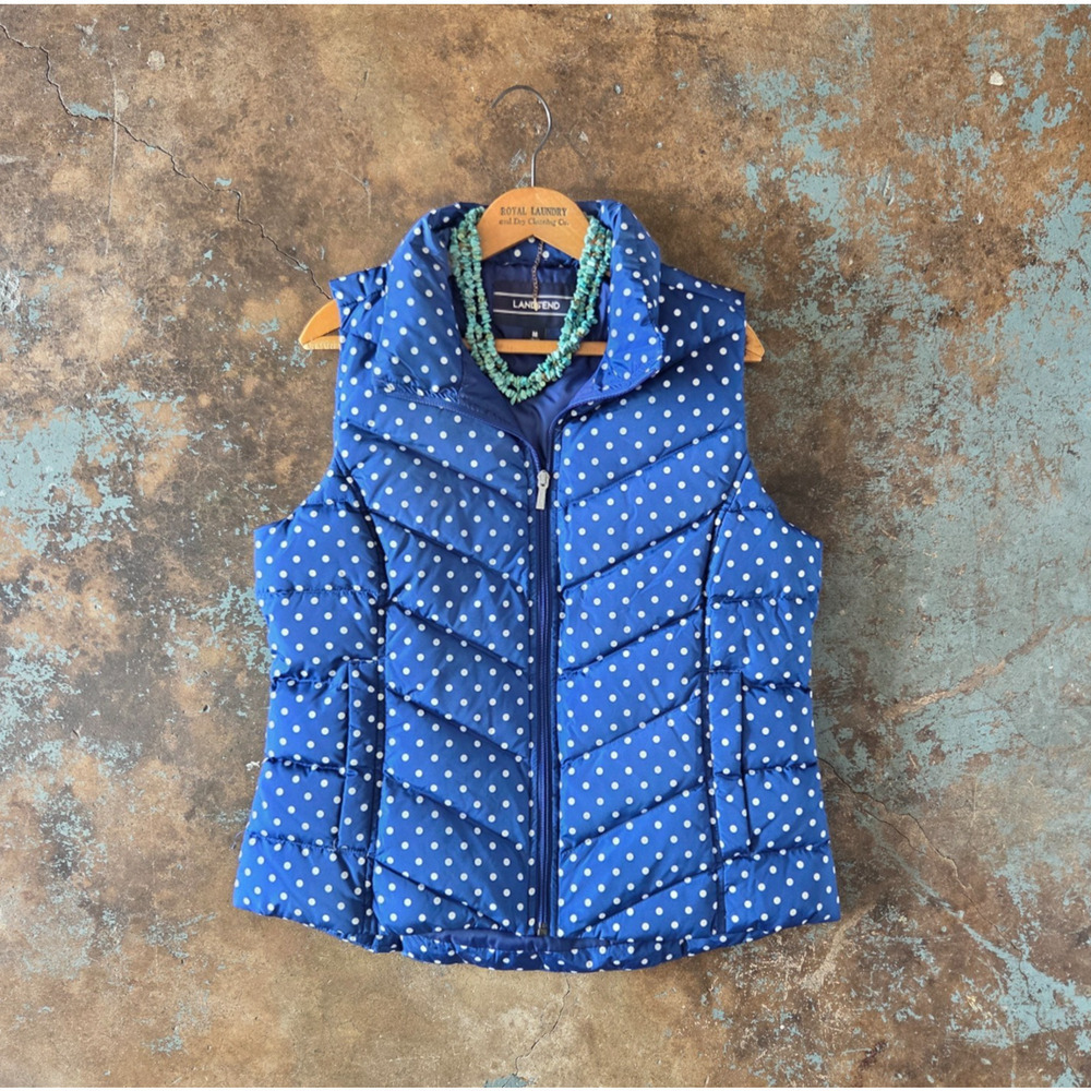 Lands' End Puffer Vest Size M Polka Dot Navy Blue White Quilted Down Filled